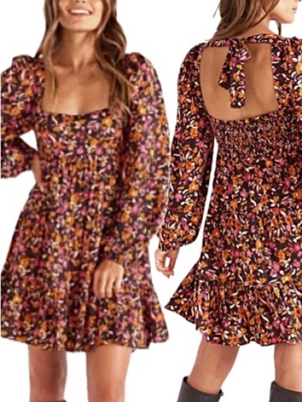 MINKPINK Sorrento Floral Babydoll Dress Size Large Tiered Ruffle Tie Neck Mini